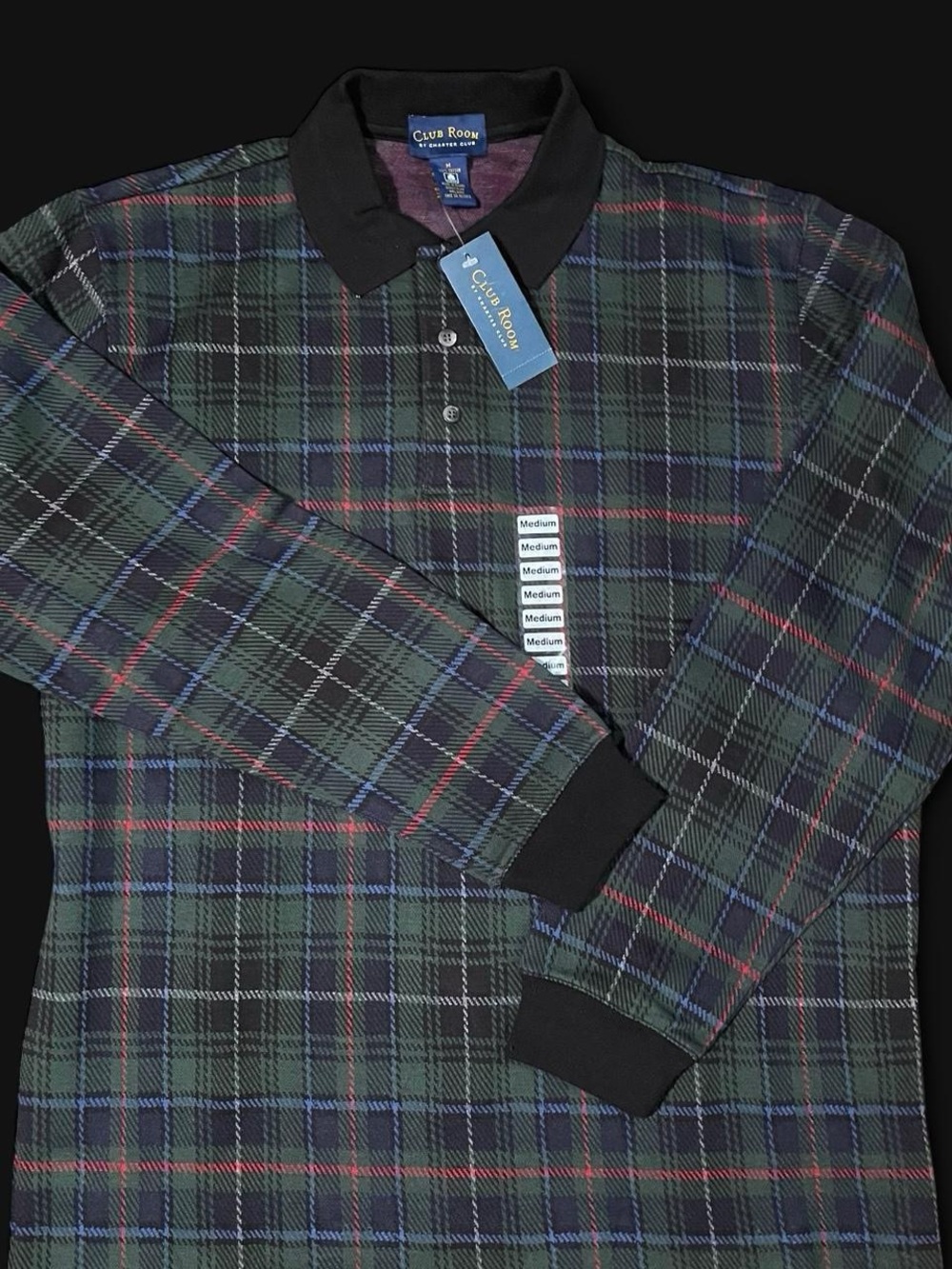 Club Room Black-Collar Green Plaid Long-Sleeve Polo